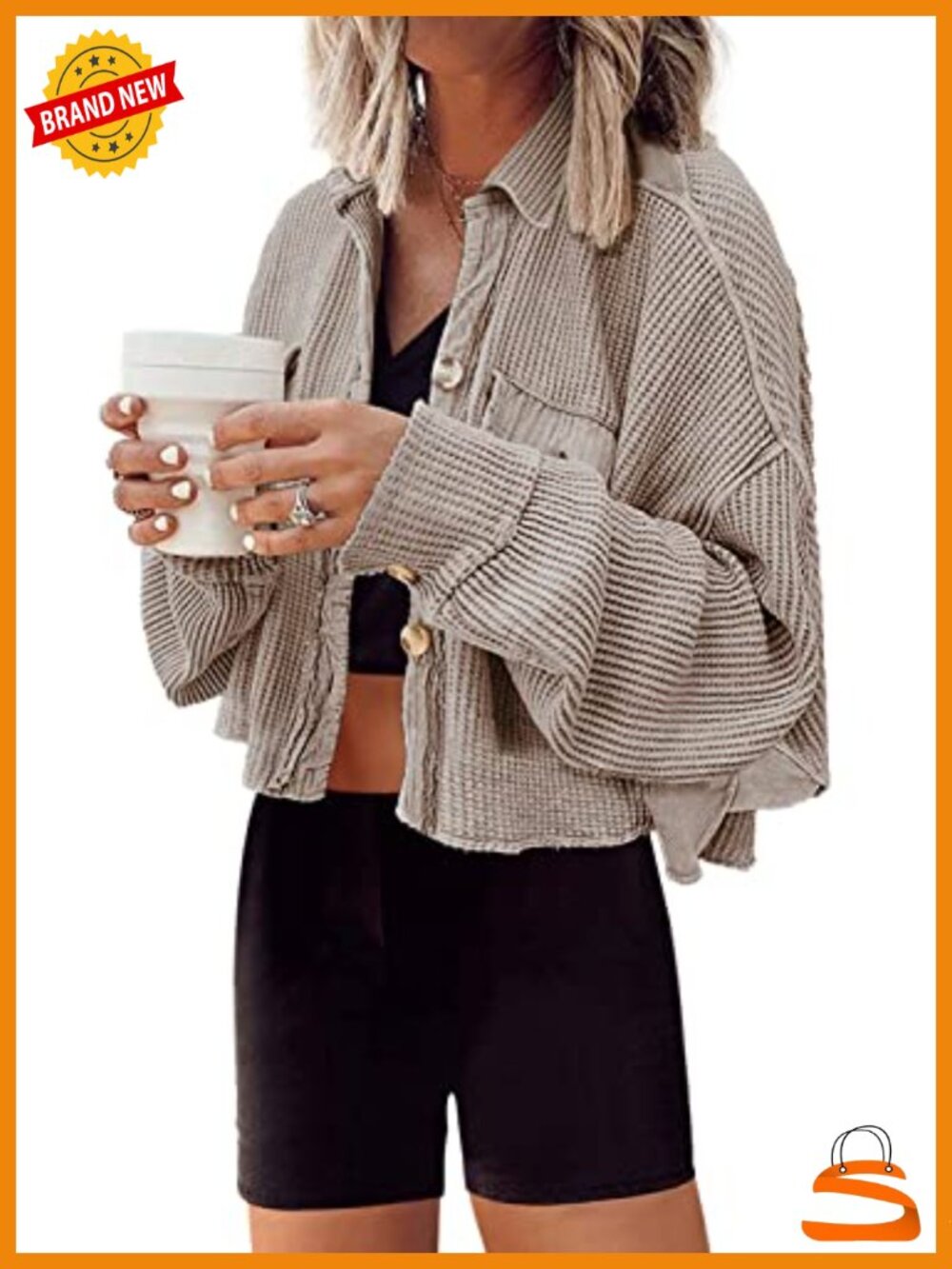 Waffle Knit Cropped Cardigan Shacket Button Down Oversized Jacket